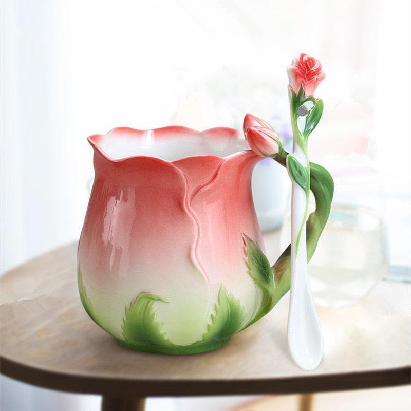 Creative 3D Rose Flower Shape Teacups European Style Enamel Ceramic Coffee Mug Pastoral 4 Colors Breakfast Milk Cups With Spoon