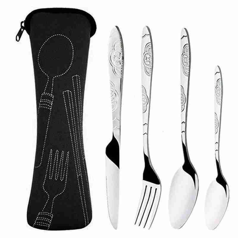 Family Travel Camping Cutlery 4Pcs Steel Knifes Fork Spoon Set Eyeful Four-piece Dinnerware Set with Case